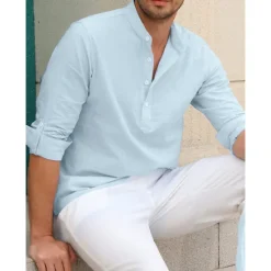 Outlet OUKU Men's Linen Shirt Chinese Collar Shirt Mandarin Collar Shirt Summer Shirt Beach Shirt Plain Vacation Hawaiian White Pink Blue Green Long Sleeve Stand Collar Spring & Summer Clothing Apparel Basic