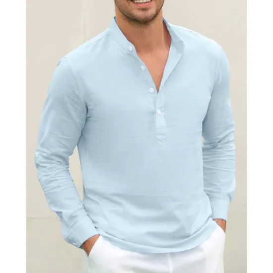 Outlet OUKU Men's Linen Shirt Chinese Collar Shirt Mandarin Collar Shirt Summer Shirt Beach Shirt Plain Vacation Hawaiian White Pink Blue Green Long Sleeve Stand Collar Spring & Summer Clothing Apparel Basic