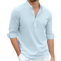 Outlet OUKU Men's Linen Shirt Chinese Collar Shirt Mandarin Collar Shirt Summer Shirt Beach Shirt Plain Vacation Hawaiian White Pink Blue Green Long Sleeve Stand Collar Spring & Summer Clothing Apparel Basic