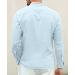Outlet OUKU Men's Linen Shirt Chinese Collar Shirt Mandarin Collar Shirt Summer Shirt Beach Shirt Plain Vacation Hawaiian White Pink Blue Green Long Sleeve Stand Collar Spring & Summer Clothing Apparel Basic