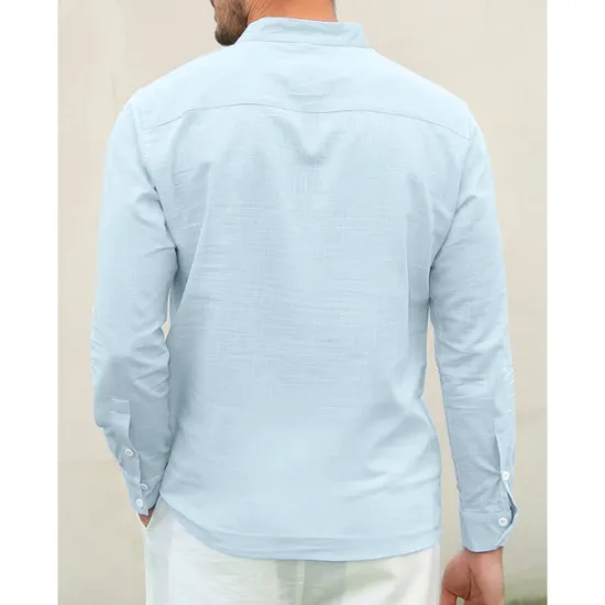 Outlet OUKU Men's Linen Shirt Chinese Collar Shirt Mandarin Collar Shirt Summer Shirt Beach Shirt Plain Vacation Hawaiian White Pink Blue Green Long Sleeve Stand Collar Spring & Summer Clothing Apparel Basic