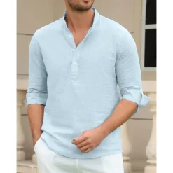 Outlet OUKU Men's Linen Shirt Chinese Collar Shirt Mandarin Collar Shirt Summer Shirt Beach Shirt Plain Vacation Hawaiian White Pink Blue Green Long Sleeve Stand Collar Spring & Summer Clothing Apparel Basic