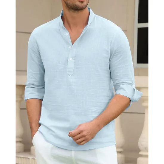 Outlet OUKU Men's Linen Shirt Chinese Collar Shirt Mandarin Collar Shirt Summer Shirt Beach Shirt Plain Vacation Hawaiian White Pink Blue Green Long Sleeve Stand Collar Spring & Summer Clothing Apparel Basic