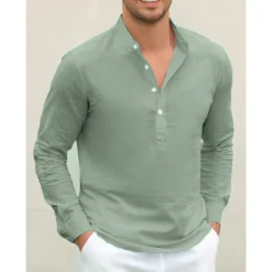 Outlet OUKU Men's Linen Shirt Chinese Collar Shirt Mandarin Collar Shirt Summer Shirt Beach Shirt Plain Vacation Hawaiian White Pink Blue Green Long Sleeve Stand Collar Spring & Summer Clothing Apparel Basic