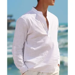 Outlet OUKU Men's Linen Shirt Chinese Collar Shirt Mandarin Collar Shirt Summer Shirt Beach Shirt Plain Vacation Hawaiian White Pink Blue Green Long Sleeve Stand Collar Spring & Summer Clothing Apparel Basic