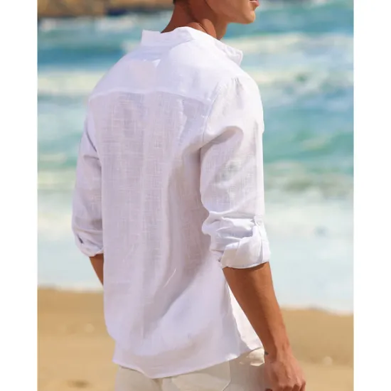 Outlet OUKU Men's Linen Shirt Chinese Collar Shirt Mandarin Collar Shirt Summer Shirt Beach Shirt Plain Vacation Hawaiian White Pink Blue Green Long Sleeve Stand Collar Spring & Summer Clothing Apparel Basic
