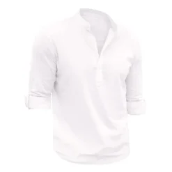 Outlet OUKU Men's Linen Shirt Chinese Collar Shirt Mandarin Collar Shirt Summer Shirt Beach Shirt Plain Vacation Hawaiian White Pink Blue Green Long Sleeve Stand Collar Spring & Summer Clothing Apparel Basic