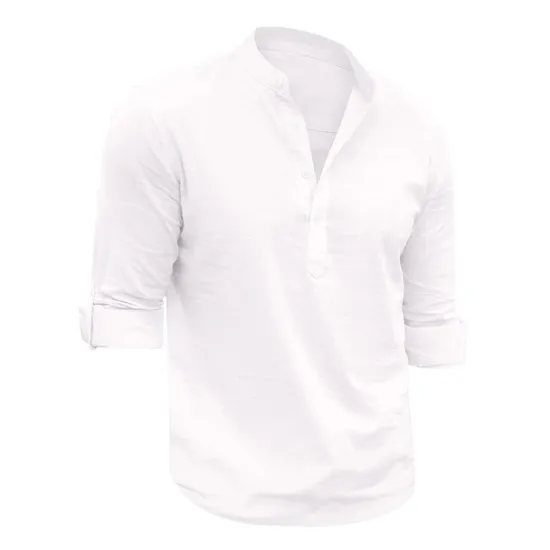 Outlet OUKU Men's Linen Shirt Chinese Collar Shirt Mandarin Collar Shirt Summer Shirt Beach Shirt Plain Vacation Hawaiian White Pink Blue Green Long Sleeve Stand Collar Spring & Summer Clothing Apparel Basic