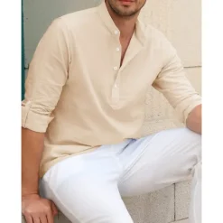 Outlet OUKU Men's Linen Shirt Chinese Collar Shirt Mandarin Collar Shirt Summer Shirt Beach Shirt Plain Vacation Hawaiian White Pink Blue Green Long Sleeve Stand Collar Spring & Summer Clothing Apparel Basic
