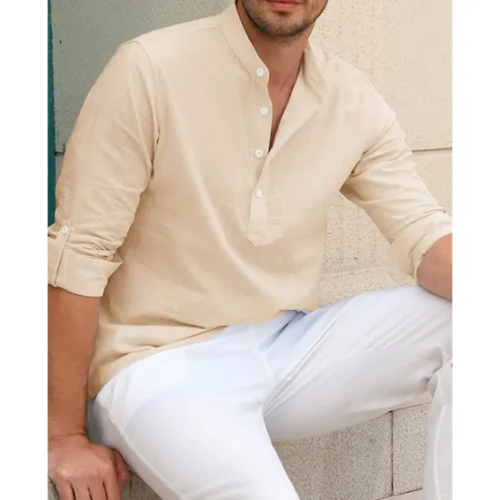 Outlet OUKU Men's Linen Shirt Chinese Collar Shirt Mandarin Collar Shirt Summer Shirt Beach Shirt Plain Vacation Hawaiian White Pink Blue Green Long Sleeve Stand Collar Spring & Summer Clothing Apparel Basic