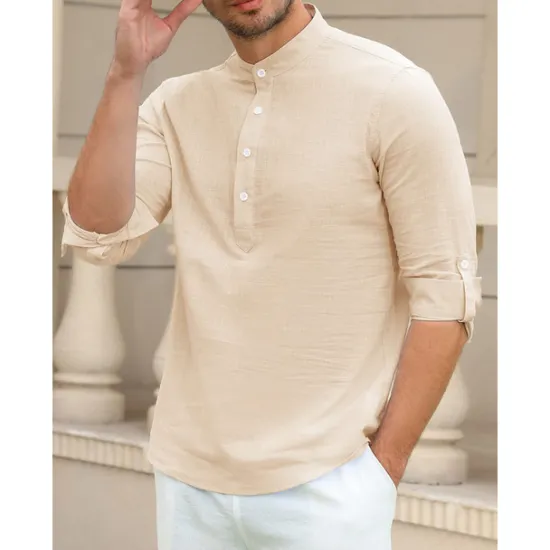 Outlet OUKU Men's Linen Shirt Chinese Collar Shirt Mandarin Collar Shirt Summer Shirt Beach Shirt Plain Vacation Hawaiian White Pink Blue Green Long Sleeve Stand Collar Spring & Summer Clothing Apparel Basic