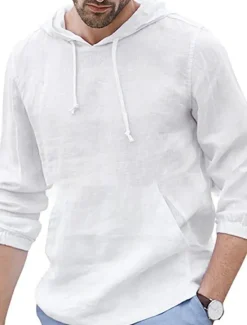 New OUKU Men's Linen Shirt Cotton Linen Shirt Summer Shirt Beach Shirt Plain Hawaiian Holiday Black White Blue Long Sleeve Hooded Spring & Summer Clothing Apparel Basic