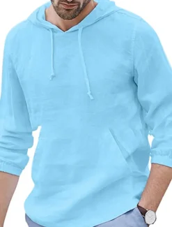 New OUKU Men's Linen Shirt Cotton Linen Shirt Summer Shirt Beach Shirt Plain Hawaiian Holiday Black White Blue Long Sleeve Hooded Spring & Summer Clothing Apparel Basic