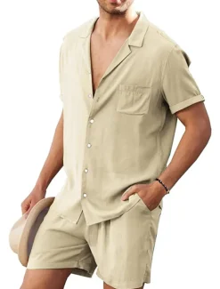 Discount OUKU Men's Linen Shirt Cotton Linen Shirt White Cotton Shirt 2 Piece Shirt Set Summer Shirt Plain Outdoor Street Black White Army Green Beige Short Sleeve Turndown Summer Clothing Apparel Button-Down