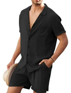 Discount OUKU Men's Linen Shirt Cotton Linen Shirt White Cotton Shirt 2 Piece Shirt Set Summer Shirt Plain Outdoor Street Black White Army Green Beige Short Sleeve Turndown Summer Clothing Apparel Button-Down