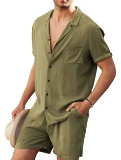 Discount OUKU Men's Linen Shirt Cotton Linen Shirt White Cotton Shirt 2 Piece Shirt Set Summer Shirt Plain Outdoor Street Black White Army Green Beige Short Sleeve Turndown Summer Clothing Apparel Button-Down