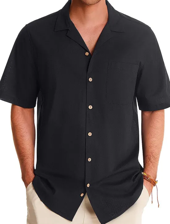 Sale OUKU Men's Linen Shirt Cotton Linen Shirt White Cotton Shirt Summer Shirt Beach Shirt Camp Collar Shirt Plain Vacation Hawaiian Black White Green Dark Blue Short Sleeve Lapel Spring & Summer Clothing