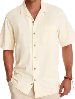 Sale OUKU Men's Linen Shirt Cotton Linen Shirt White Cotton Shirt Summer Shirt Beach Shirt Camp Collar Shirt Plain Vacation Hawaiian Black White Green Dark Blue Short Sleeve Lapel Spring & Summer Clothing
