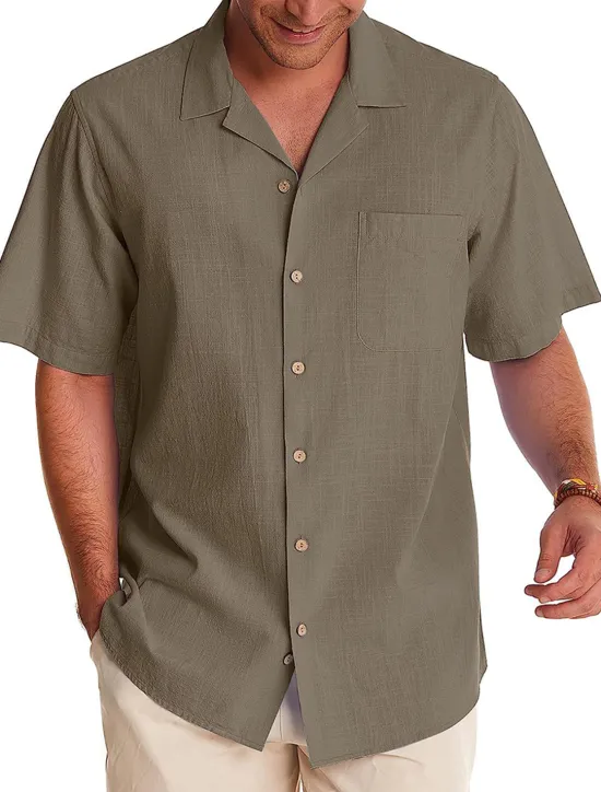 Sale OUKU Men's Linen Shirt Cotton Linen Shirt White Cotton Shirt Summer Shirt Beach Shirt Camp Collar Shirt Plain Vacation Hawaiian Black White Green Dark Blue Short Sleeve Lapel Spring & Summer Clothing