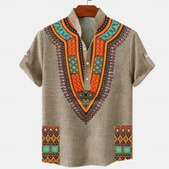 Hot OUKU Men's Linen Shirt Henley Shirt Retro Shirts Vintage Shirt Ethnic Shirt Ethnic Vacation Daily Blue Green Khaki Short Sleeve Mandarin Collar Summer Spring Clothing Apparel Print