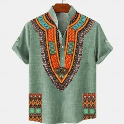Hot OUKU Men's Linen Shirt Henley Shirt Retro Shirts Vintage Shirt Ethnic Shirt Ethnic Vacation Daily Blue Green Khaki Short Sleeve Mandarin Collar Summer Spring Clothing Apparel Print