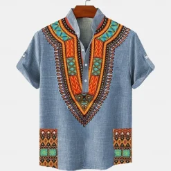Hot OUKU Men's Linen Shirt Henley Shirt Retro Shirts Vintage Shirt Ethnic Shirt Ethnic Vacation Daily Blue Green Khaki Short Sleeve Mandarin Collar Summer Spring Clothing Apparel Print