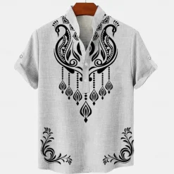 OUKU Men's Linen Shirt Henley Shirt Retro Shirts Vintage Shirt Ethnic Shirt Ethnic Daily Holiday Blue Beige Gray Short Sleeve Mandarin Collar Summer Spring Clothing Apparel Print