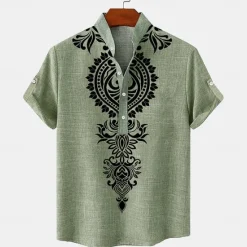 New OUKU Men's Linen Shirt Henley Shirt Retro Shirts Vintage Shirt Ethnic Shirt Ethnic Vacation Daily Green Khaki Beige Short Sleeve Mandarin Collar Summer Spring Clothing Apparel Print