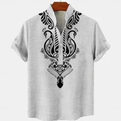 Online OUKU Men's Linen Shirt Henley Shirt Retro Shirts Vintage Shirt Ethnic Shirt Ethnic Daily Holiday Blue Beige Gray Short Sleeve Mandarin Collar Summer Spring Clothing Apparel Print