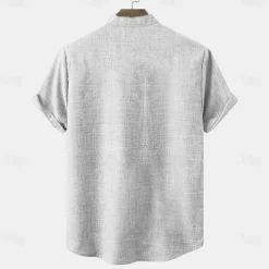 Online OUKU Men's Linen Shirt Henley Shirt Retro Shirts Vintage Shirt Ethnic Shirt Ethnic Daily Holiday Blue Beige Gray Short Sleeve Mandarin Collar Summer Spring Clothing Apparel Print