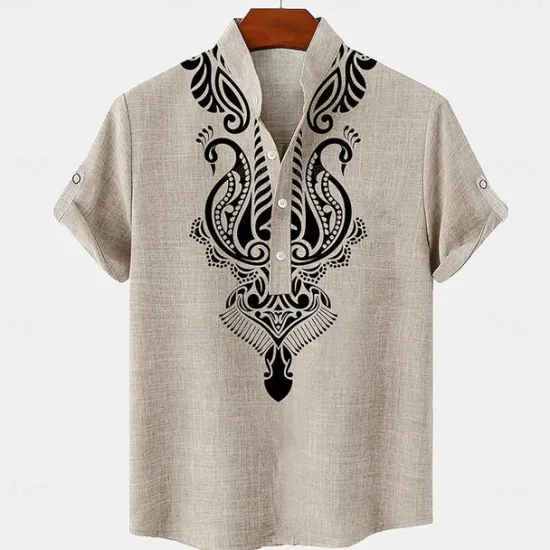 Online OUKU Men's Linen Shirt Henley Shirt Retro Shirts Vintage Shirt Ethnic Shirt Ethnic Daily Holiday Blue Beige Gray Short Sleeve Mandarin Collar Summer Spring Clothing Apparel Print