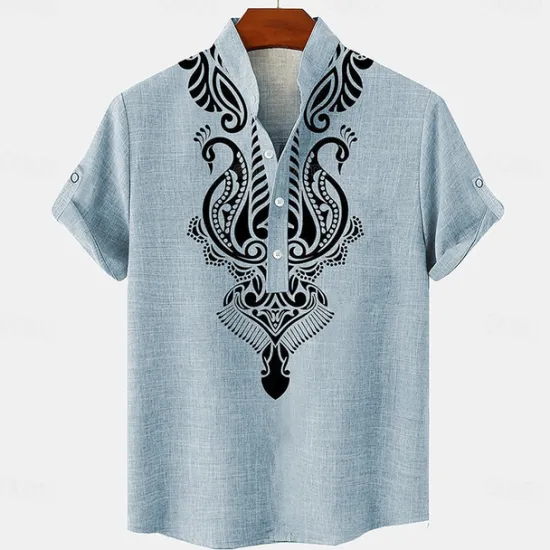 Online OUKU Men's Linen Shirt Henley Shirt Retro Shirts Vintage Shirt Ethnic Shirt Ethnic Daily Holiday Blue Beige Gray Short Sleeve Mandarin Collar Summer Spring Clothing Apparel Print