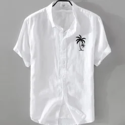 Outlet OUKU Men's Linen Shirt Minimalist Aloha Shirt Casual Shirt Cotton Linen Shirt Button Up Shirt Coconut Tree Vacation Street Black White Pink Dark Navy Short Sleeve Lapel Summer Clothing Apparel Button-Down