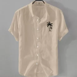 Outlet OUKU Men's Linen Shirt Minimalist Aloha Shirt Casual Shirt Cotton Linen Shirt Button Up Shirt Coconut Tree Vacation Street Black White Pink Dark Navy Short Sleeve Lapel Summer Clothing Apparel Button-Down