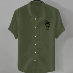 Outlet OUKU Men's Linen Shirt Minimalist Aloha Shirt Casual Shirt Cotton Linen Shirt Button Up Shirt Coconut Tree Vacation Street Black White Pink Dark Navy Short Sleeve Lapel Summer Clothing Apparel Button-Down