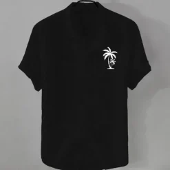 Outlet OUKU Men's Linen Shirt Minimalist Aloha Shirt Casual Shirt Cotton Linen Shirt Button Up Shirt Coconut Tree Vacation Street Black White Pink Dark Navy Short Sleeve Lapel Summer Clothing Apparel Button-Down