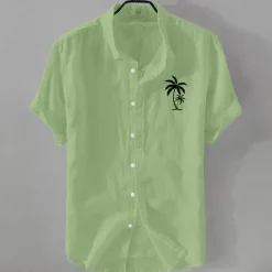 Outlet OUKU Men's Linen Shirt Minimalist Aloha Shirt Casual Shirt Cotton Linen Shirt Button Up Shirt Coconut Tree Vacation Street Black White Pink Dark Navy Short Sleeve Lapel Summer Clothing Apparel Button-Down