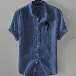 Outlet OUKU Men's Linen Shirt Minimalist Aloha Shirt Casual Shirt Cotton Linen Shirt Button Up Shirt Coconut Tree Vacation Street Black White Pink Dark Navy Short Sleeve Lapel Summer Clothing Apparel Button-Down