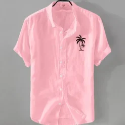 Outlet OUKU Men's Linen Shirt Minimalist Aloha Shirt Casual Shirt Cotton Linen Shirt Button Up Shirt Coconut Tree Vacation Street Black White Pink Dark Navy Short Sleeve Lapel Summer Clothing Apparel Button-Down