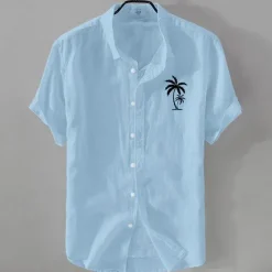 Outlet OUKU Men's Linen Shirt Minimalist Aloha Shirt Casual Shirt Cotton Linen Shirt Button Up Shirt Coconut Tree Vacation Street Black White Pink Dark Navy Short Sleeve Lapel Summer Clothing Apparel Button-Down