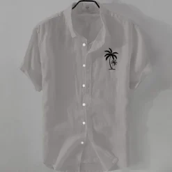 Outlet OUKU Men's Linen Shirt Minimalist Aloha Shirt Casual Shirt Cotton Linen Shirt Button Up Shirt Coconut Tree Vacation Street Black White Pink Dark Navy Short Sleeve Lapel Summer Clothing Apparel Button-Down
