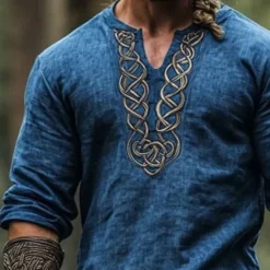 Hot OUKU Men's Linen Shirt Popover Shirt Summer Shirt Henley Shirt Vintage Shirt Short Sleeve Shirt Boho Vacation Street Half Sleeve V Neck Summer Spring Clothing Apparel Ethnic Dark Blue