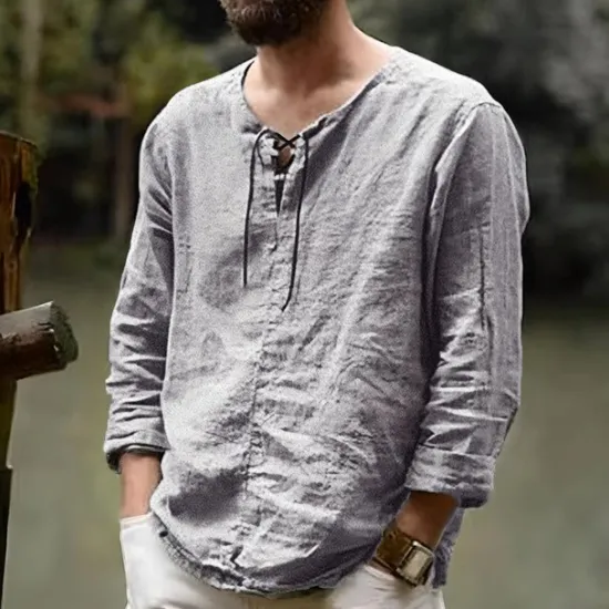 Sale OUKU Men's Linen Shirt Renaissance Festival Viking Style Summer Shirt Beach Wear Maroon Black White Pink Long Sleeve Solid Color Collarless Outdoor Street Clothing Apparel