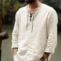 Sale OUKU Men's Linen Shirt Renaissance Festival Viking Style Summer Shirt Beach Wear Maroon Black White Pink Long Sleeve Solid Color Collarless Outdoor Street Clothing Apparel