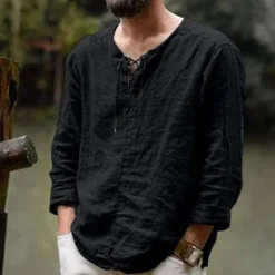 Sale OUKU Men's Linen Shirt Renaissance Festival Viking Style Summer Shirt Beach Wear Maroon Black White Pink Long Sleeve Solid Color Collarless Outdoor Street Clothing Apparel