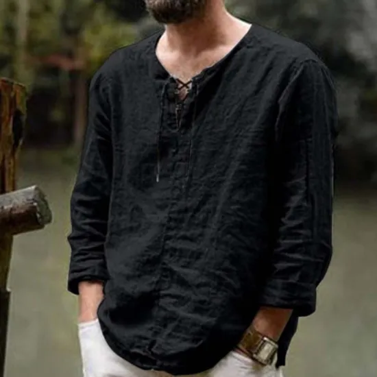 Sale OUKU Men's Linen Shirt Renaissance Festival Viking Style Summer Shirt Beach Wear Maroon Black White Pink Long Sleeve Solid Color Collarless Outdoor Street Clothing Apparel