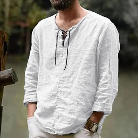 Sale OUKU Men's Linen Shirt Renaissance Festival Viking Style Summer Shirt Beach Wear Maroon Black White Pink Long Sleeve Solid Color Collarless Outdoor Street Clothing Apparel