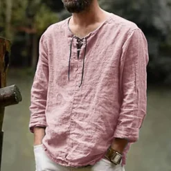 Sale OUKU Men's Linen Shirt Renaissance Festival Viking Style Summer Shirt Beach Wear Maroon Black White Pink Long Sleeve Solid Color Collarless Outdoor Street Clothing Apparel