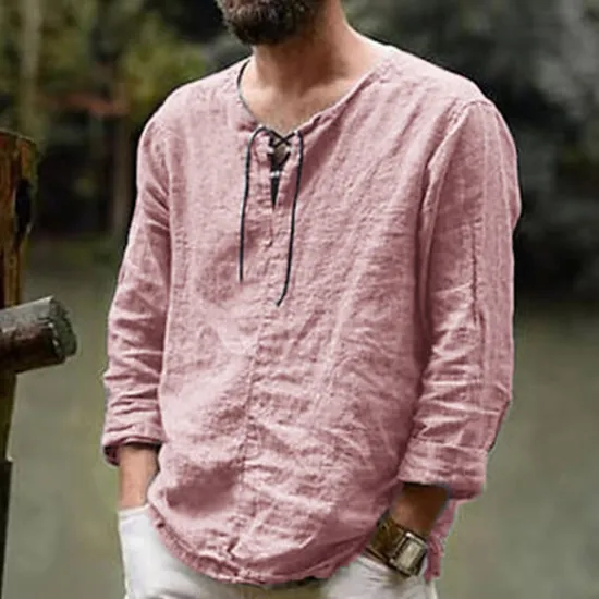 Sale OUKU Men's Linen Shirt Renaissance Festival Viking Style Summer Shirt Beach Wear Maroon Black White Pink Long Sleeve Solid Color Collarless Outdoor Street Clothing Apparel