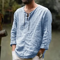 Sale OUKU Men's Linen Shirt Renaissance Festival Viking Style Summer Shirt Beach Wear Maroon Black White Pink Long Sleeve Solid Color Collarless Outdoor Street Clothing Apparel